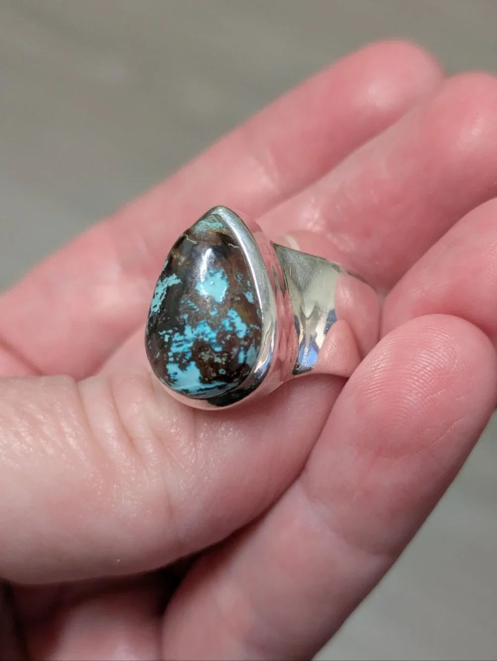 SALE! Sterling Silver Teardrop Shattuckite - Blue and Brown, Size 7 Shaman Stone